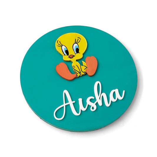 Tweety Themed Hand-Painted Wooden Name Plate For Kids