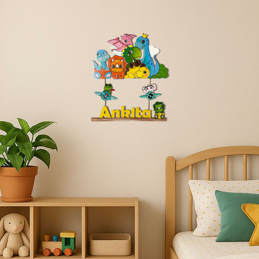 Dinosaur Themed Hand-Painted Wooden Kids Name Plate