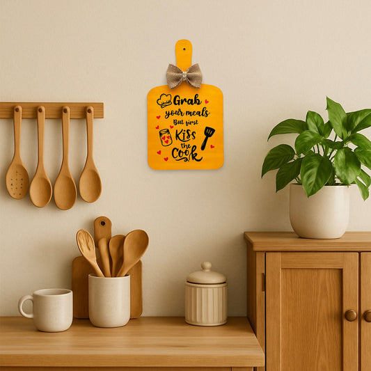 Grab Your Meals But First Kiss The Cook Hand-Painted Wooden Chopping Board Kitchen Wall Hanging - Yellow