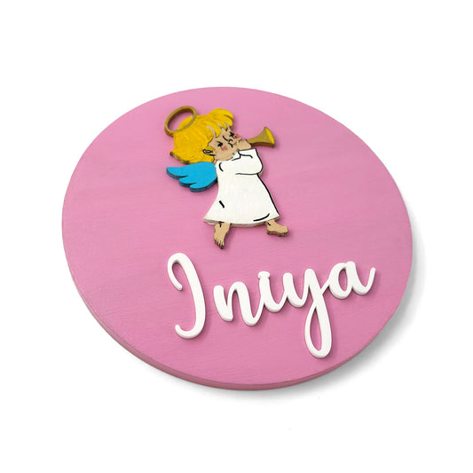 Angel Themed Hand-Painted Wooden Name Plate For Kids - Design 2
