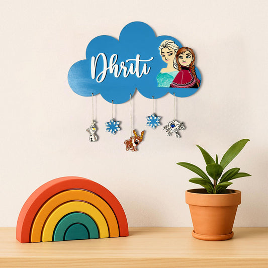 Cloud & Frozen Themed Hand-Painted Wooden Kids Name Plate
