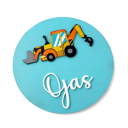 Backhoe Loader Excavator Themed Hand-Painted Wooden Name Plate For Kids