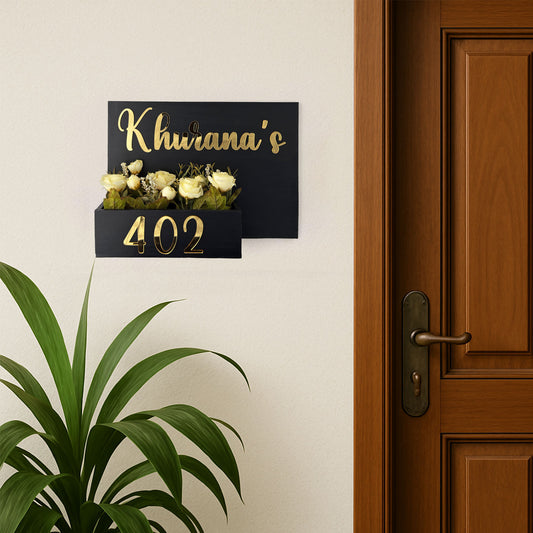 Rectangular Hand-Painted Wooden Planter Name Plate For Home - Black