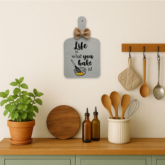 Life Is What You Bake It Hand-Painted Wooden Chopping Board Kitchen Wall Hanging - Grey