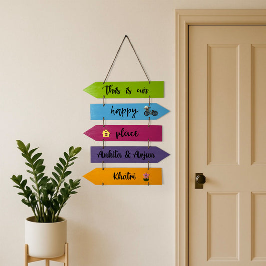 This Is Our Happy Place Hand-Painted Wooden Arrow Plank Name Plate For Home In Vibrant Colors - Five Planks
