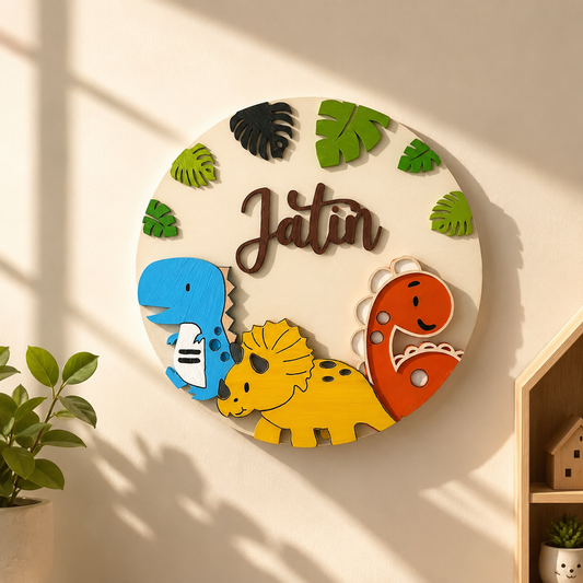 Dinosaur Themed Hand-Painted Wooden Round Kids Name Plate - Design 2