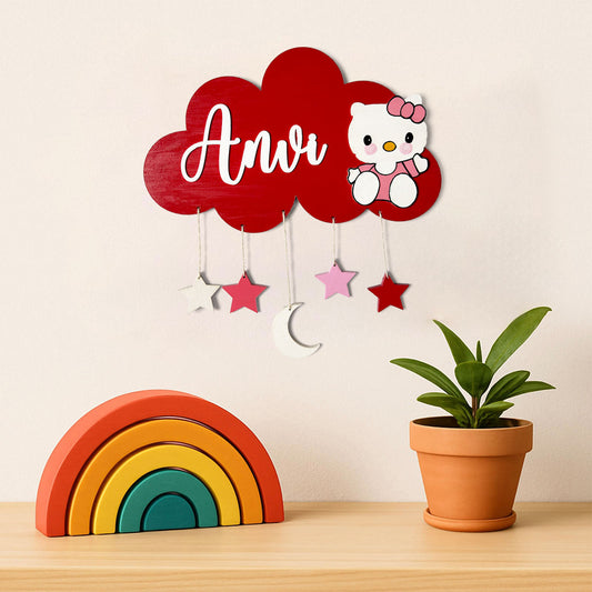 Cloud & Hello Kitty Themed Hand-Painted Wooden Kids Name Plate
