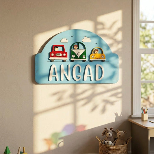Cars Themed Hand-Painted Wooden Arch-Shaped Kids Name Plate