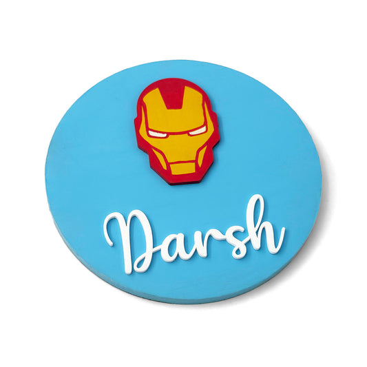 Iron Man Face Themed Hand-Painted Wooden Name Plate For Kids