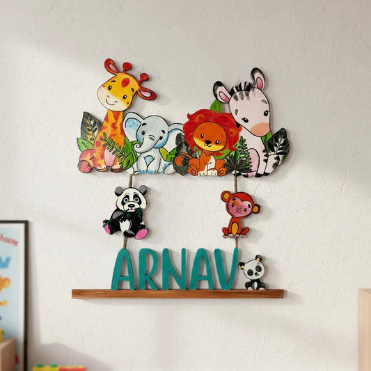 Animal Themed Hand-Painted Wooden Kids Name Plate - Design 3
