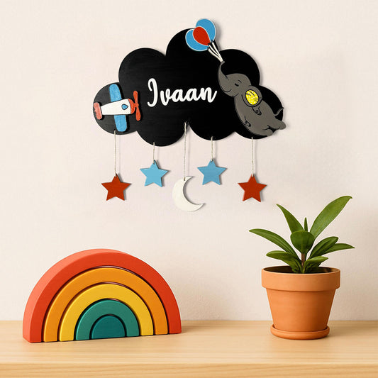 Cloud & Elephant Themed Hand-Painted Wooden Kids Name Plate