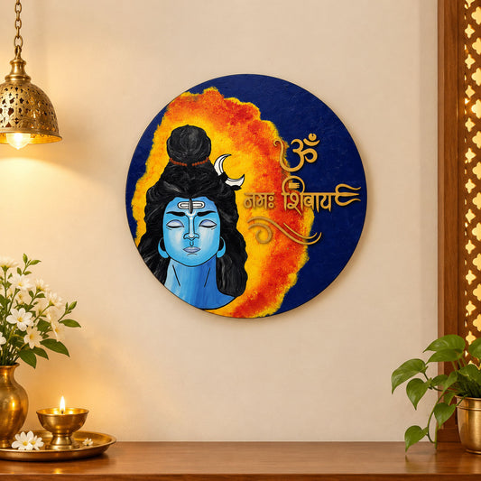 Om Namah Shivaya Hand-Painted Wooden Round Wall Hanging With Shiv Ji Image - Blue