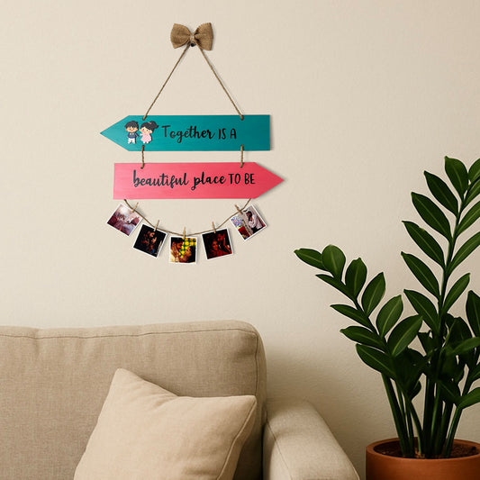 Together Is A Beautiful Place To Be Hand-Painted Wooden Photo Holder - Teal & Pink