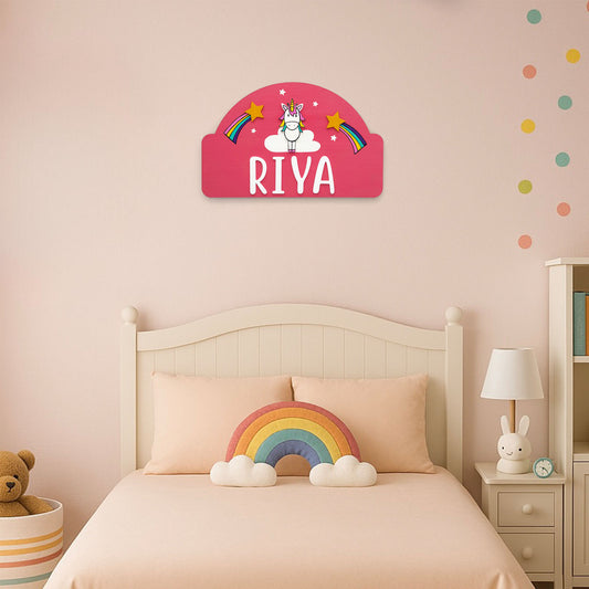 Unicorn Themed Hand-Painted Wooden Kids Name Plate - Pink