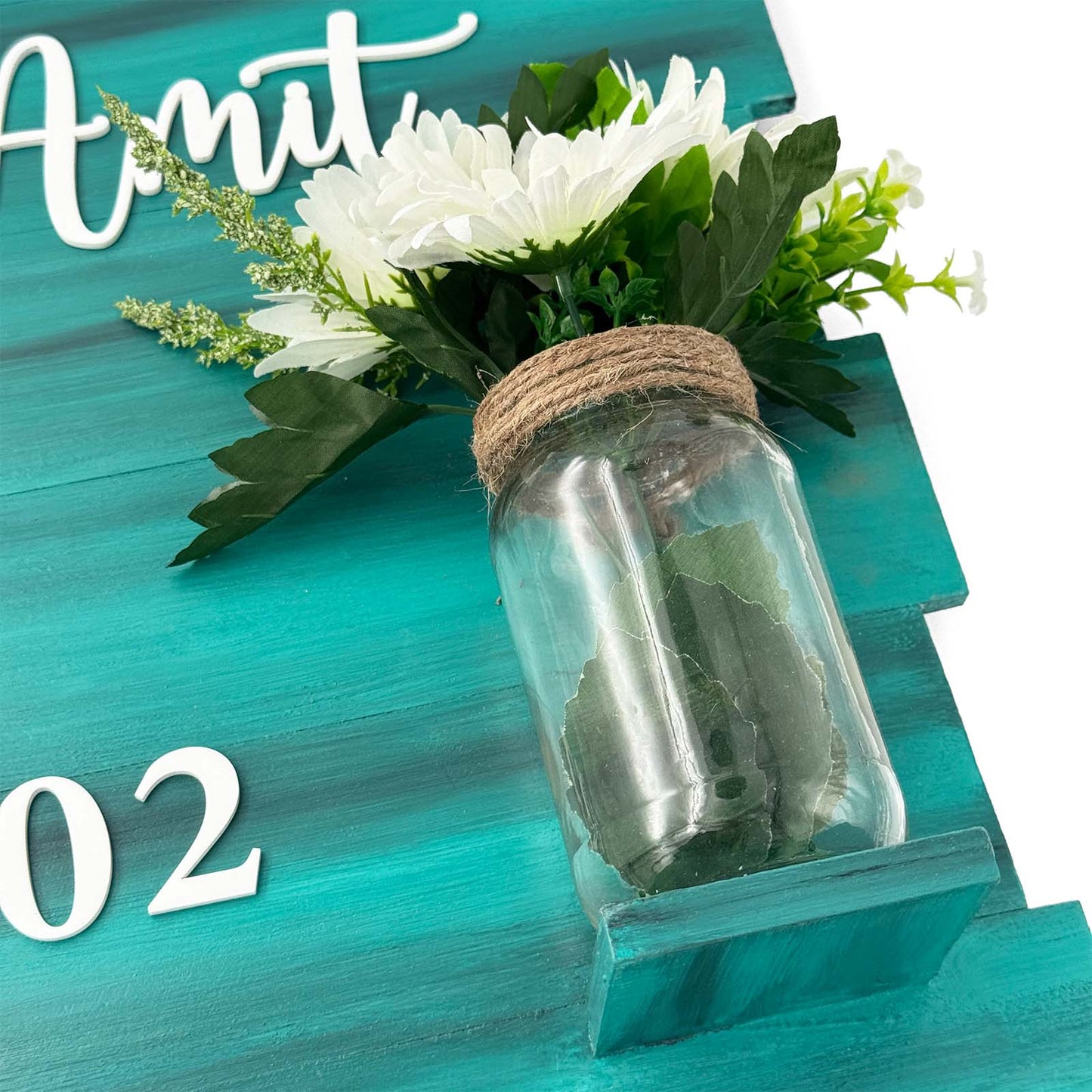 Teal Hand-Painted Wooden Name Plate With Jar For Home - Design 1