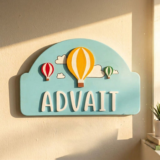 Hot Air Balloon Themed Hand-Painted Wooden Arch-shaped Kids Name Plate