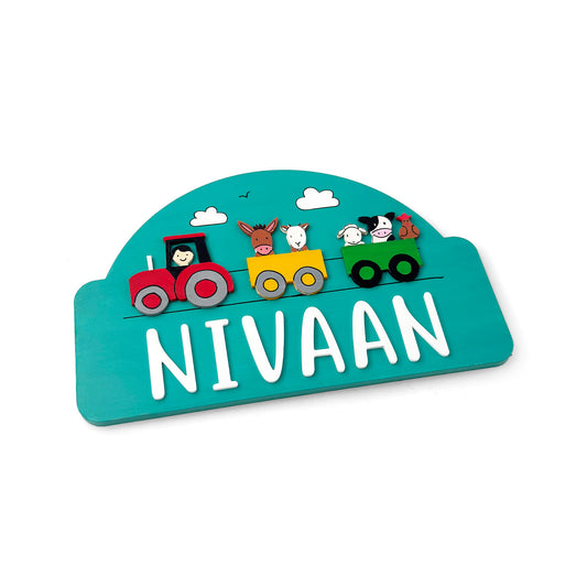Farm Animals Themed Hand-Painted Wooden Arch-Shaped Kids Name Plate