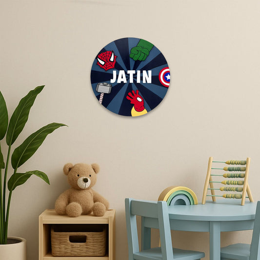 Avengers Themed Hand-Painted Wooden Round Kids Name Plate