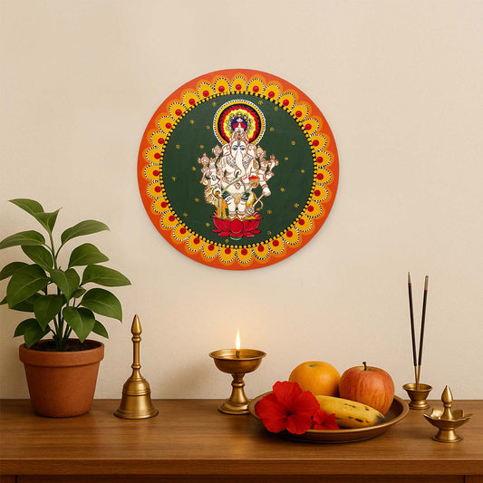 Ganpati Ji Hand-Painted Wooden Mandala Wall Hanging - Green