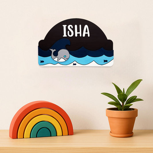 Whale Themed Hand-Painted Wooden Kids Name Plate