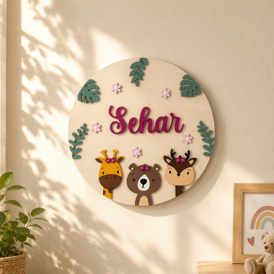 Animal Themed Hand-Painted Wooden Round Kids Name Plate - Design 5