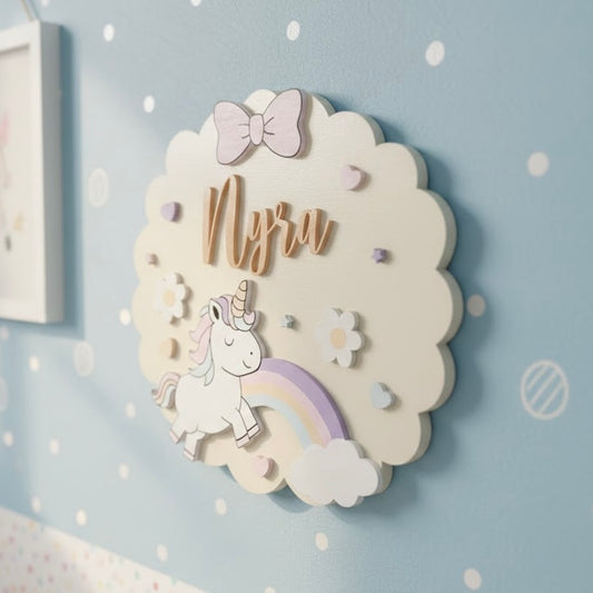 Unicorn Themed Hand-Painted Wooden Scalloped Cloud Kids Name Plate - Design 1