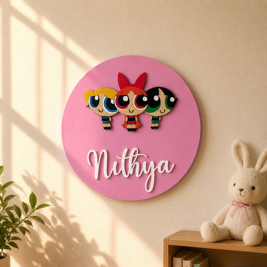The Powerpuff Girls Themed Hand-Painted Wooden Name Plate For Kids