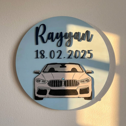 BMW M5 Car Themed Hand-Painted Wooden Round Kids Name Plate
