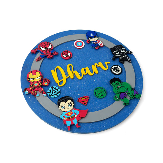Superheroes Avengers Themed Hand-Painted Wooden Round Kids Name Plate - Design 1