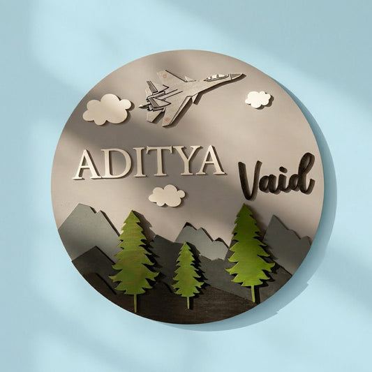 Fighter Jet Themed Hand-Painted Wooden Round Kids Name Plate