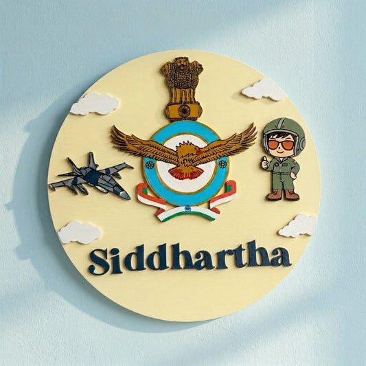 Indian Airforce Fighter Jet Pilot Themed Hand-Painted Wooden Round Kids Name Plate