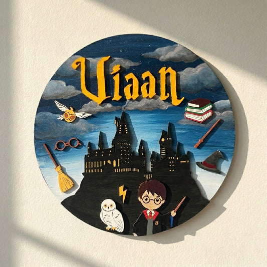 Harry Potter Themed Hand-Painted Wooden Round Kids Name Plate - Design 1