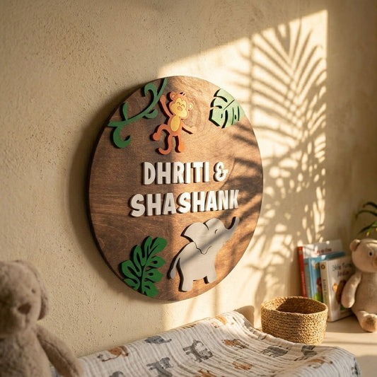 Elephant & Monkey Themed Hand-Painted Wooden Round Kids Name Plate - Design 1