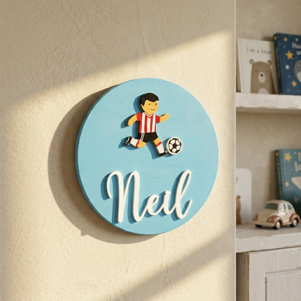 Football Player Themed Hand-Painted Wooden Name Plate For Kids