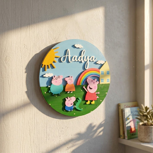 Peppa Pig Themed Hand-Painted Wooden Round Kids Name Plate - Design 1