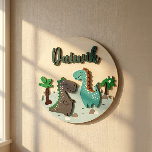 Dinosaur Themed Hand-Painted Wooden Round Kids Name Plate - Design 1