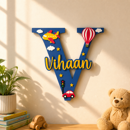 Vehicles Themed Layered Alphabet Initial Hand-Painted Wooden Kids Name Plate Design 1