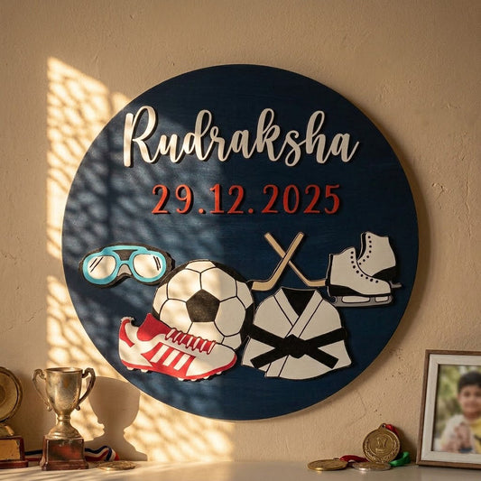 Sports Themed Hand-Painted Wooden Round Kids Name Plate - Design 1