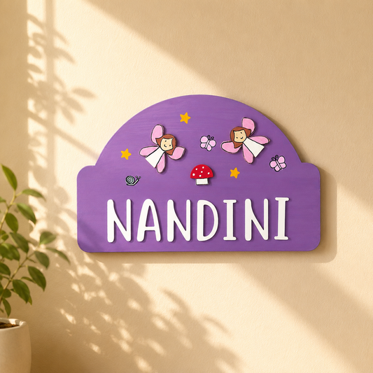 Fairy Themed Hand-Painted Wooden Arch-Shaped Kids Name Plate