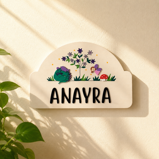 Enchanted Forest Themed Hand-Painted Wooden Arch-Shaped Kids Name Plate
