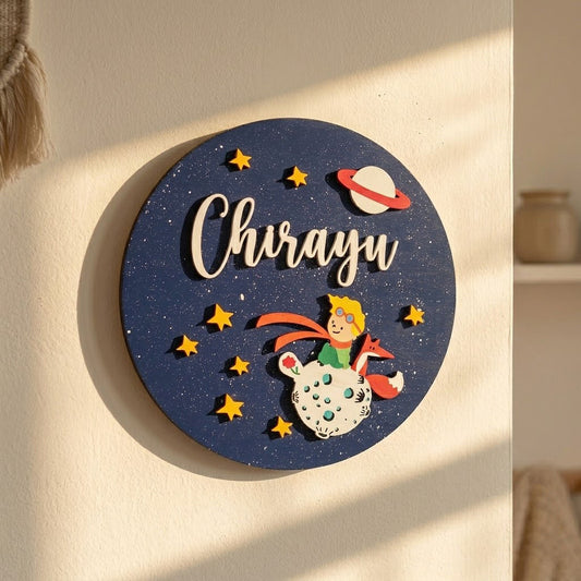 Space Themed Hand-Painted Wooden Round Kids Name Plate - Design 4