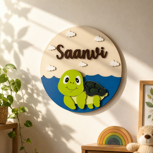 Tortoise Themed Hand-Painted Wooden Round Kids Name Plate - Design 1