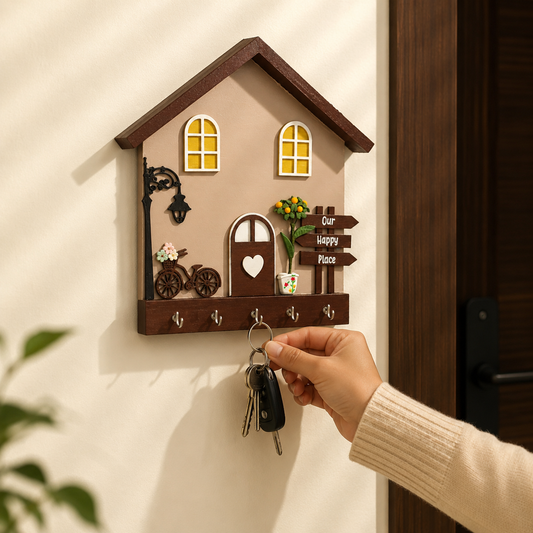 Personalised Hand-Painted Wooden Hut Key Holder - Brown