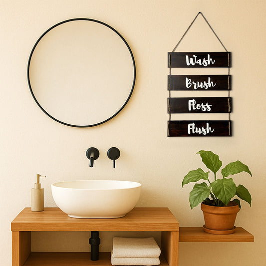 Wash Brush Floss Flush Hand-Painted Wooden Washroom Plank Hanging