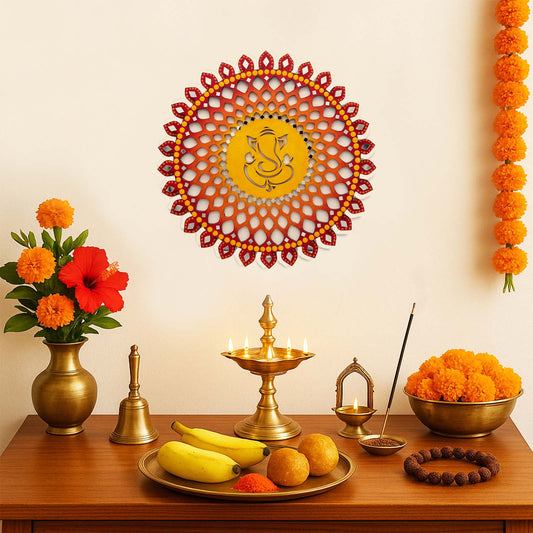 Sahasrara Chakra Ganesha Hand-Painted Wooden Wall Hanging - Red