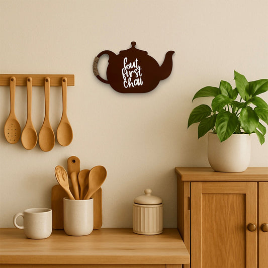 But First Chai Hand-Painted Wooden Kettle Kitchen Wall Hanging - Brown