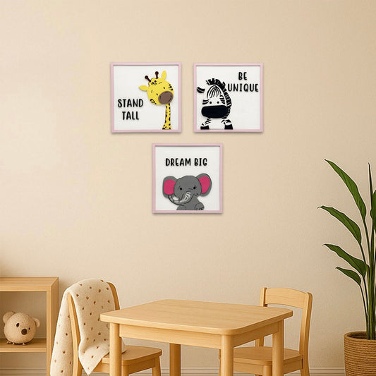 Animal Themed Hand-Painted Wooden Kids Wall Frame Combo of 3
