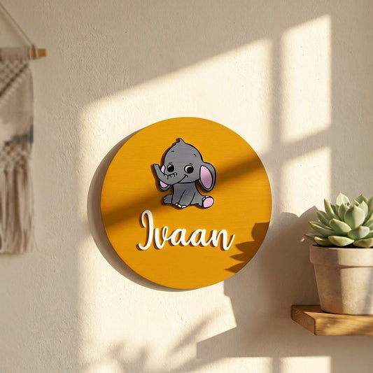 Elephant Themed Hand-Painted Wooden Name Plate For Kids