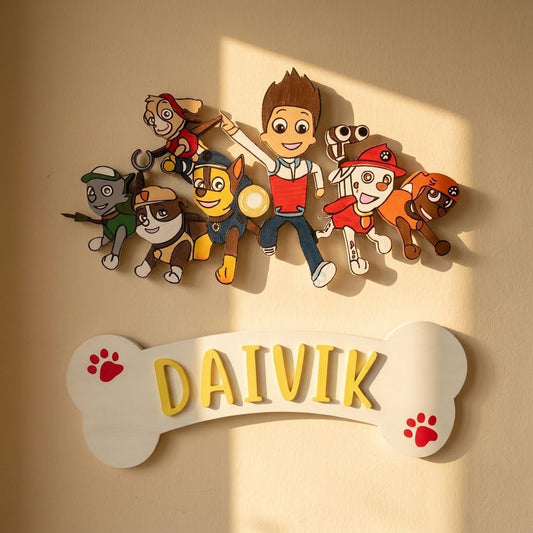 Paw Patrol Themed Hand-Painted Wooden Kids Name Plate - Design 1