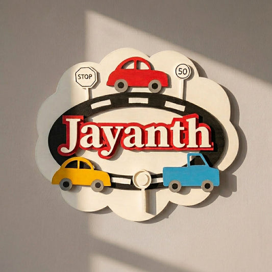 Car Themed Hand-Painted Wooden Scalloped Cloud Kids Name Plate - Design 1